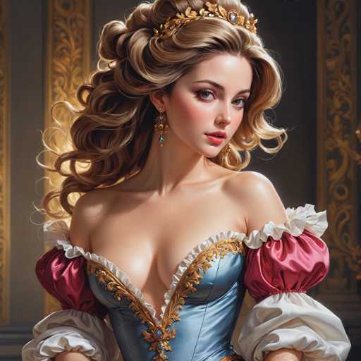The image portrays a young woman, possibly in her late teens or early twenties, with long, wavy blonde hair adorned with a golden crown featuring a prominent blue jewel. She is dressed in an elaborate, low-cut blue dress with intricate gold embroidery along the neckline and chest area. The dress has puffy sleeves that transition from red silk to white ruffles. Her makeup is striking, with red lipstick and blue earrings that complement the blue accents in her attire. The background is a muted gray with golden, ornate designs, adding to the overall regal and sophisticated atmosphere of the scene.