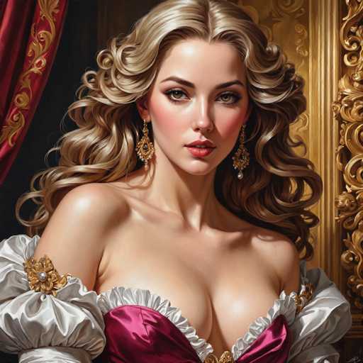 This image portrays a highly detailed, realistic painting of a young woman, likely in her 20s, with long, curly blonde hair cascading down her back. She has striking green eyes, accentuated by heavy eye makeup, and her lips are painted a vivid red. Her complexion is fair, with a noticeable blush on her cheeks. She is adorned in an elaborate, low-cut pink dress with white frills and puffy sleeves, which reveals a significant amount of cleavage. The dress features intricate gold embellishments, including a prominent gold flower on her right shoulder. She wears dangling gold earrings with a central stone and hanging pearls. The background is richly decorated with gold and red hues, possibly depicting a gilded wall and a red curtain with gold trim, enhancing the opulent atmosphere of the scene.