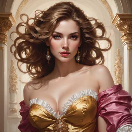 This image features a stunningly beautiful woman with long, wavy brown hair that cascades down to her shoulders. Her striking blue eyes are accentuated by long, dark eyelashes and a touch of black eyeliner. She wears a vibrant red lipstick that complements her fair complexion. Her ears are adorned with elegant gold and pearl earrings, adding a touch of sophistication to her look.

The woman is dressed in a luxurious gold gown that features a deep V-neckline, revealing a hint of cleavage. The dress is adorned with white frills around the neckline and chest area, adding a delicate contrast to the rich gold fabric. The sleeves of her gown are a deep burgundy color, with one sleeve gracefully draped off her shoulder, adding to the dress's regal and opulent appearance.

The background of the image is a pristine white, featuring two ornate columns on either side of the woman. These columns are intricately designed with gold accents, enhancing the overall grandeur of the scene. The combination of the woman's exquisite attire and the opulent setting creates a captivating and elegant portrait.