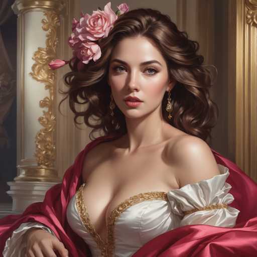 This image depicts a highly detailed, AI-generated painting of a young woman, likely in her early 20s, with long, wavy brown hair adorned with pink roses. She has striking blue eyes, full lips, and is wearing elegant gold earrings. Her attire is a white dress with a gold trim, which is low-cut, revealing a significant amount of cleavage. Draped over her shoulders is a luxurious red silk shawl. The background features a white wall with gold trim, and to the left, there is a white pillar with intricate gold designs. The woman's expression is neutral, and she gazes directly at the viewer, her right hand partially visible in the frame. The overall composition and rich details suggest a regal or historical setting, reminiscent of a painting one might find in a museum.