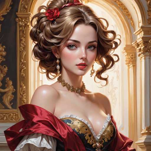 This image is a detailed, computer-generated illustration of a young woman, possibly in her late teens or early twenties, with a strikingly realistic appearance. She has long, wavy brown hair adorned with a red ribbon and a red rose at the back. Her blue eyes are accentuated by her fair complexion, which is enhanced with makeup, including red lipstick and blush. She wears elegant, dangling earrings with three pearls each and a gold choker necklace.

Her attire is a low-cut, dark blue dress with gold trim, featuring a white frill at the top and a red sash draped over her shoulders. The dress reveals a significant amount of cleavage, adding to the overall sensuality of her appearance. 

The background is a grand, ornate room with white walls and gold trim, suggesting a setting of opulence. Behind her, there is a large, arched window that allows light to stream into the room, illuminating the scene. To the left of the window, there is a painting with a gold frame, depicting a cherub or angel. The overall composition of the image is highly detailed and realistic, showcasing the artist's skill in creating lifelike digital art.