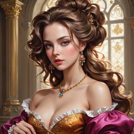 This image is a detailed, computer-generated illustration of a young woman, likely in her late teens or early twenties, with long, wavy brown hair styled in an elaborate updo. She has striking blue eyes, pink lips, and a fair complexion. She is adorned with large, dangling earrings and a gold necklace featuring blue and purple jewels. Her attire is reminiscent of a Victorian or medieval dress, with a gold bodice that has white frills around the shoulders and long, flowing purple sleeves. The background depicts a grand, ornate interior with a large, arched stained glass window behind her, and a gold column to her left. The overall scene exudes a sense of elegance and historical grandeur.