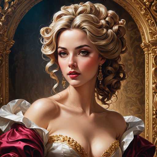 This image is a detailed, computer-generated illustration of a young woman, likely in her early 20s, with fair skin and striking features. She has long, curly blonde hair styled in an elaborate updo, with some curls cascading down the sides of her face. Her expressive brown eyes are accentuated by long eyelashes and brown eyebrows, while her full lips are painted a vivid red. She wears elegant gold earrings that dangle from her ears.

Her attire is reminiscent of a Victorian-era dress, featuring a low-cut neckline adorned with intricate gold embroidery. The dress itself is a combination of white and burgundy, with the sleeves being a rich burgundy color and the bodice a pristine white. The dress is designed with puffy sleeves that extend to her elbows, adding to its vintage charm.

The background of the image is a dark brown with subtle gold floral patterns, enhancing the overall regal and timeless feel of the portrait. The woman is positioned centrally, gazing directly at the viewer, creating a captivating and intimate connection.