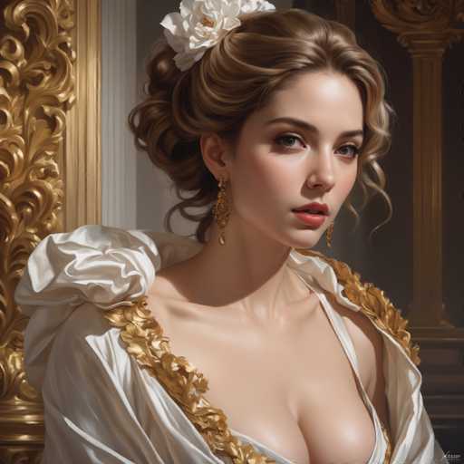 This image features a young woman, likely in her early 20s, with fair skin and brown hair styled in an elegant updo. She is adorned with a large white flower at the back of her head and wears long, dangling gold earrings. Her attire is a striking white dress with intricate gold embroidery along the neckline and shoulders, which is low-cut and reveals a hint of cleavage. The dress has puffy sleeves that are cut off at the elbows, adding a touch of volume to her look. She is posed with her body angled to the right, yet her face is turned towards the viewer, creating a captivating and poised expression. The background is a rich gold color, possibly a wall or a door, adding to the overall luxurious and regal atmosphere of the scene.