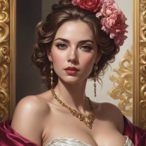 This image depicts a stunningly beautiful woman with fair skin and captivating blue eyes. Her brown hair is elegantly styled in an updo, adorned with a large, vibrant pink flower that adds a touch of natural elegance to her appearance. She wears long, dangling earrings that complement her sophisticated look, along with a gold necklace featuring a prominent blue gemstone at its center, adding a pop of color to her ensemble.

The woman is dressed in a white gown that reveals her bare shoulders and chest, exuding an air of classic beauty. Her lips are painted a soft pink, enhancing her overall delicate and graceful appearance. The background of the image is a rich gold color, which adds a sense of opulence and grandeur to the scene.

The image appears to be AI-generated, as it has a slightly surreal quality that sets it apart from a traditional photograph. The woman's features are exceptionally perfect, contributing to the image's dreamlike and idealized atmosphere.