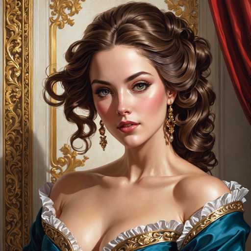 This image depicts a highly detailed, AI-generated portrait of a young woman, likely in her late teens or early twenties. She has long, dark brown hair styled in an elaborate updo with loose curls framing her face. Her striking green eyes are accentuated by long eyelashes and well-defined eyebrows. She wears a blue dress with intricate gold trim and white ruffles, which is off-the-shoulder, revealing her collarbones and a hint of cleavage. The dress appears to be made of a silky material, adding to the overall elegance of the portrait. She also sports dangling gold earrings with red jewels. The background features a white wall with gold trim and a red curtain, enhancing the regal and sophisticated atmosphere of the image.