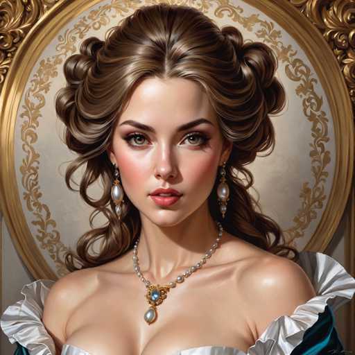 The image depicts a woman with long brown hair wearing a necklace and earrings. She is positioned against a gold-framed wall with a floral pattern. The woman's face is the main focus of the image, which is rendered in an artistic style that emphasizes the details of her features and attire.