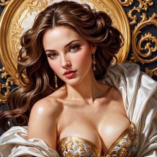 This image is a detailed, computer-generated illustration of a young woman, likely in her early 20s, with long, wavy brown hair that cascades down to her shoulders. She has striking blue eyes, a small nose, and full lips adorned with red lipstick. Her complexion is fair, and she wears long, dangling gold earrings. The woman is dressed in a low-cut, gold-trimmed top that appears to be made of a shiny material, possibly satin or silk, which reveals her bare shoulders and upper chest. The top features intricate gold designs, adding to the elegance of her attire. She is positioned in front of a dark blue background, which is adorned with ornate gold designs, including a large, circular gold frame behind her head. The overall composition gives the impression of a regal or artistic portrait, with the woman gazing directly at the viewer.