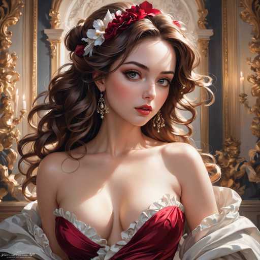 This image depicts a highly detailed, AI-generated illustration of a young woman, likely in her early 20s, with long, wavy brown hair adorned with a red and white flower crown. She has striking blue eyes, red lipstick, and is wearing elaborate, dangling earrings. Her attire is a low-cut, red dress with white frills around the bust, which reveals a significant amount of cleavage. The dress appears to be made of a silky material, and she is bare-shouldered, with the fabric flowing down her arms. The background features an ornate, gold-framed mirror with intricate carvings, set against a blue wall. The scene is illuminated by candlelight, adding a warm glow to the setting. The woman is looking directly at the viewer, her head slightly tilted, giving the impression of a portrait painting come to life.