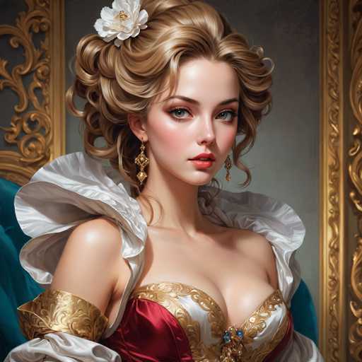 This image portrays a highly detailed, realistic painting of a young woman, likely in her late teens or early twenties. She has fair skin and striking blue eyes, accentuated by her red lips and the subtle blush on her cheeks. Her blonde hair is styled in an elegant updo, adorned with a white flower at the front. She wears long, dangling earrings that feature a diamond shape with a square design in the middle.

Her attire is a luxurious, low-cut red dress with intricate gold embroidery. The dress has a high neckline and is complemented by a white, ruffled fabric that extends from her shoulders down to her elbows, resembling a shawl. The background features a gray wall with a gold frame, adding to the opulent atmosphere of the scene. The woman is seated on a blue chair, and her gaze is directed straight at the viewer, creating a sense of connection.