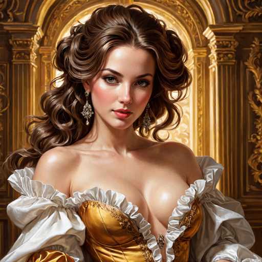 The image depicts a highly detailed, AI-generated painting of a young woman, likely in her early 20s, with long, wavy brown hair that cascades down to her waist. She has striking blue eyes, a small nose, and full lips adorned with red lipstick. Her face is accentuated with blush on her cheeks. She is dressed in an elaborate, golden gown with a deep V-neckline that reveals her cleavage. The dress features white ruffles around the shoulders and sleeves that extend down to her elbows. She is wearing large, dangling earrings that appear to be diamond or crystal. The background showcases a grand, ornate golden archway with intricate carvings, reminiscent of a cathedral or church setting. The overall composition and the woman's direct gaze at the viewer suggest a sense of elegance and grandeur.