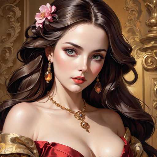 The image portrays a young woman with long, wavy brown hair adorned with a pink flower on the left side. She has striking blue eyes, accentuated by red lipstick, and is wearing a red dress with gold trim. Her jewelry includes a gold necklace with two pendants, and she has dangling earrings with orange stones. The background features a golden wall with intricate designs, and a golden pillar is visible on the right side. The woman is looking directly at the camera, exuding a sense of elegance and poise.
