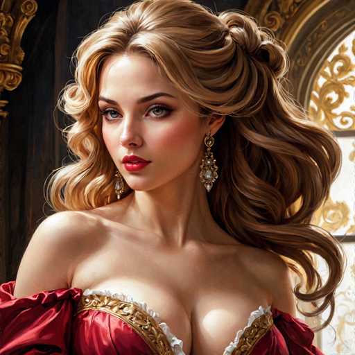 This image portrays a highly detailed, realistic painting of a young woman, likely in her early 20s, with long, wavy blonde hair that cascades down to her shoulders. She has striking blue eyes, accentuated by dark eyeliner and mascara, and her lips are painted a vivid red. Her complexion is fair, and she wears delicate, dangling earrings that feature white stones. She is dressed in a luxurious red gown with intricate gold trim and white lace detailing around the bust, which is low-cut, revealing her cleavage. The dress has puffy sleeves that extend to her elbows. The background suggests she is in a grand, opulent room, possibly a castle, with a large window adorned with gold designs and a wooden wall visible to the left. The overall scene evokes a sense of regality and elegance, reminiscent of a character from a historical period piece like "Bridgerton."