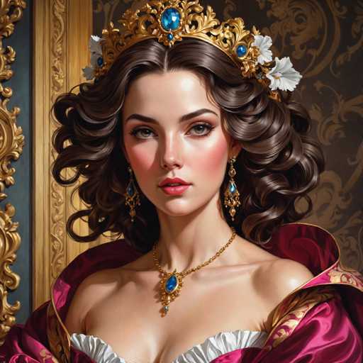 This image is a detailed, computer-generated portrait of a young woman, likely in her 20s, who exudes the elegance of a royal or noble figure. She has long, dark brown hair styled in loose curls that frame her face and cascade down her shoulders. Her complexion is fair, and she wears a striking makeup that includes red lipstick, brown eyes, and dark eyebrows. Adorning her head is an ornate golden crown embellished with large blue jewels, which also features white flowers on either side. She is dressed in a luxurious red velvet gown with a low-cut neckline, revealing a white frilly garment underneath. The gown is further accentuated by a gold-trimmed collar and a matching gold necklace with a prominent blue jewel. The background of the image is a rich brown with golden floral patterns, and to the left, there is a glimpse of a gold-framed picture, adding to the regal atmosphere of the portrait.