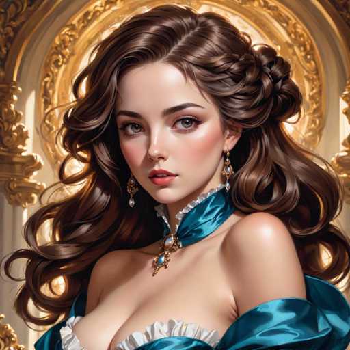 This image features a highly detailed, computer-generated portrait of a young woman, likely in her late teens or early twenties. She has long, wavy brown hair that cascades down to her chest, with a portion elegantly styled into a bun at the back of her head. Her complexion is fair, and she has striking brown eyes accentuated by long eyelashes. Her lips are painted a soft pink, and she wears delicate earrings that add to her refined appearance.

The woman is adorned in a luxurious blue dress that exudes elegance. The dress features a ruffled collar and a matching ruffled detail at the top of her chest, revealing a hint of cleavage. The sleeves of the dress are off-the-shoulder, adding to the overall sophisticated look. Around her neck, she wears a striking blue necklace that complements her attire.

The background of the image is a rich, gold archway, which enhances the regal and opulent atmosphere of the portrait. The overall composition and intricate details suggest that this is a meticulously crafted AI-generated image, designed to capture the essence of classic beauty and elegance.