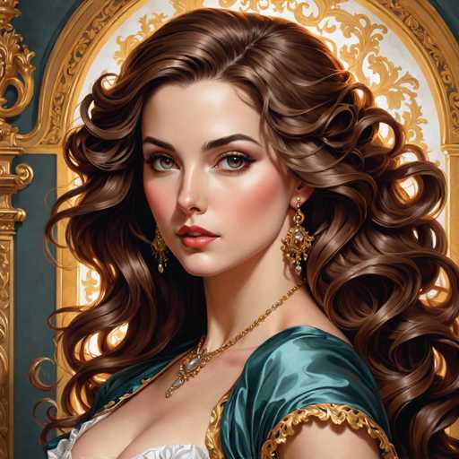 This image is a detailed, computer-generated illustration of a young woman, likely in her early 20s, with long, wavy brown hair that cascades down to her waist. She has striking green eyes, pink lips, and a fair complexion. She is adorned in an elegant, old-fashioned dress that features a low-cut neckline, revealing some cleavage, and is made of a shiny green material with gold trim. The dress includes a white section at the top, adding to its ornate design. She accessorizes with a gold necklace that has a central gem, and matching gold earrings that dangle from her ears. The background is a richly decorated, blue wall with gold accents, and an arched doorway behind her, enhancing the regal and sophisticated atmosphere of the scene.
