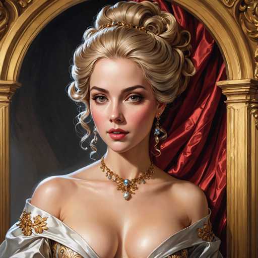 This image depicts a highly detailed, AI-generated portrait of a young woman, likely in her 20s, with fair skin and blonde hair styled in an elaborate updo. She has striking green eyes, red lips, and is adorned with blue and white earrings and a matching necklace. Her attire is a low-cut, off-the-shoulder dress in a light grayish color, embellished with gold floral patterns. The background features a luxurious red velvet curtain and a gold archway, adding to the regal and opulent atmosphere of the scene. The woman's expression is neutral, and she gazes directly at the viewer, exuding a sense of confidence and elegance.