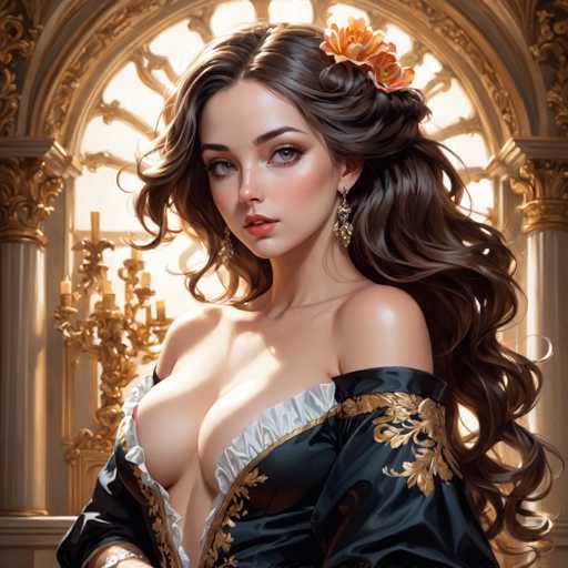 This image portrays a highly detailed, computer-generated or AI-generated artwork of a young woman, likely in her late teens or early twenties. She has long, dark brown hair adorned with an orange flower on the left side. Her striking blue eyes and red lips add to her captivating appearance. She is dressed in a black, shiny dress with intricate gold embroidery along the edges, which is low-cut, revealing her cleavage and part of her stomach. The dress features a white frill at the top, adding a touch of elegance. She accessorizes with dangling earrings that resemble leaves. The background is a grand, ornate setting with a large, arched window framed by gold and white columns, and a golden chandelier hanging from the ceiling. The scene is bathed in sunlight, highlighting the intricate details of both the woman and her surroundings.