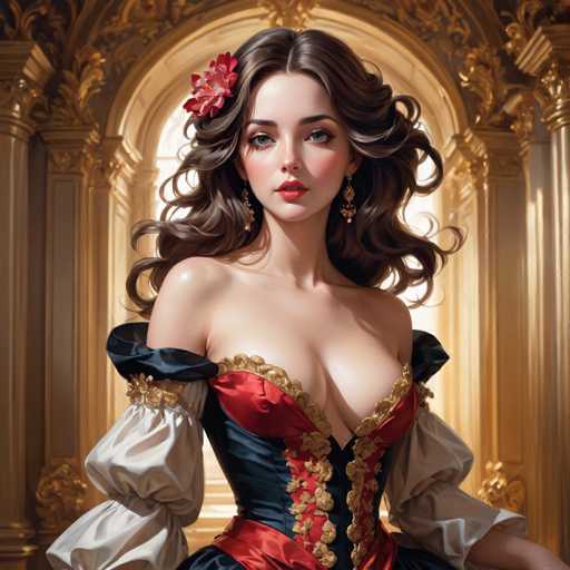 This image depicts a highly detailed, AI-generated illustration of a young woman, likely in her early 20s, with long, wavy brown hair adorned with a red flower on the left side. She has striking blue eyes, red lips, and is wearing dangling gold earrings. Her attire is a low-cut, off-the-shoulder dress featuring a combination of black, red, and gold colors, with the sleeves extending to her elbows. The dress is form-fitting, accentuating her figure. She is seated in front of an ornate, golden archway that appears to be part of a grand palace or castle, with sunlight streaming through the background, adding a warm glow to the scene. The overall composition and intricate details suggest a high level of craftsmanship, reminiscent of a painting or a sophisticated digital artwork.