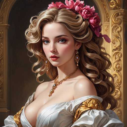 This image features a stunningly beautiful woman with long, wavy blonde hair adorned with a headband of pink roses. Her hair cascades down her back, framing her face elegantly. She has striking blue eyes, accentuated by heavy makeup, and full lips painted a vivid red. Her cheeks are rosy, adding to her overall fair complexion. She is dressed in a luxurious white gown that is off the shoulder, revealing her bare shoulders. The dress is embellished with gold details, particularly around the sleeves and at the bust, where it features a low neckline. She accessorizes with long, dangling earrings that are gold with white and blue stones, and a matching gold necklace with a pendant. The background is a dark brown, and she stands in front of an ornate gold archway, adding to the regal and opulent atmosphere of the scene.