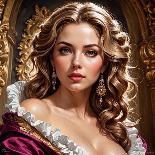 This image is a detailed, computer-generated portrait of a young woman, likely in her early 20s, with long, wavy blonde hair that cascades over her left shoulder. She has striking green eyes, dark eyebrows, and is adorned with long, dangling earrings featuring three jewels each. Her lips are painted a vivid red, and she has a slight, enigmatic smile. She is dressed in a luxurious, low-cut purple velvet dress, which is accentuated with white ruffles around the neckline and shoulders. The background is a rich, dark brown with intricate gold designs, adding to the overall opulent and regal atmosphere of the portrait.