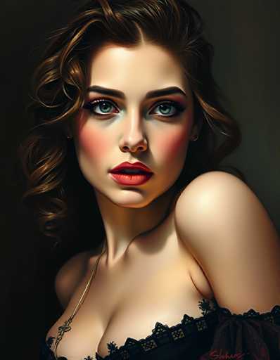 This image is a detailed, computer-generated artwork of a woman, set against a dark background. The woman is depicted from the top of her head down to her chest, with her head slightly tilted to the right. She has long, wavy brown hair that cascades down to her shoulders, with some strands curling around her face. Her hair is parted in the middle, and she has a fair complexion.

Her facial features are striking, with a heart-shaped face and a pointed chin. She has thick, dark eyebrows that frame her large, green eyes. Her nose is small and slightly upturned, and she has a full, red lips that are slightly parted, revealing her top teeth. Her cheeks are adorned with a rosy blush, adding to her fair complexion.

She is wearing a black dress with intricate details. The dress features a low neckline with a gold chain that drapes across her chest. The dress has a lace pattern with black and gold accents, and there are small, black flowers on the fabric. The dress is cut off at the bottom of the image, revealing her bare shoulders and chest.

The woman's pose is elegant, with her right shoulder slightly raised, and her left arm hanging down by her side. The overall composition of the image is striking, with the dark background emphasizing the woman's fair complexion and detailed attire.
