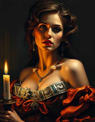 A woman with long brown hair is the central figure in this digital illustration. She is wearing an orange dress and a gold necklace that features a large pendant. The woman holds a lit candle in her right hand while gazing directly at the camera.