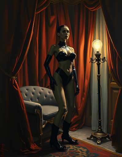 The image depicts a strikingly realistic painting of a woman standing in a dimly lit room, exuding an air of mystery and allure. She is dressed in a black leather bra and panties, complemented by long black gloves that extend to her elbows and knee-high black boots. Her hair is slicked back, and she wears a choker around her neck, adding to her enigmatic appearance. The woman stands on a red carpet, her gaze directed towards the right side of the image, with her hands resting by her sides.

The room is adorned with rich red curtains that frame the scene, and a gray chair with gold trim sits to her left. To her right, a tall, ornate lamp with a single bulb casts a warm glow, illuminating the area. The floor is covered in gray tiles, and a brown door is visible in the background. The overall ambiance of the painting is dark and intimate, with the woman's figure being the focal point amidst the shadowy surroundings.