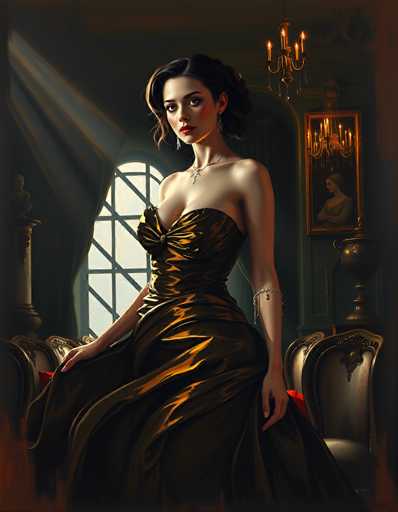 The image depicts a highly detailed, computer-generated scene of a woman seated in a luxurious, ornate room. The woman, who has fair skin and dark brown hair styled in an elegant updo, is wearing a strapless, gold-tinged black dress that appears to be made of silk. Her dress features a bow detail at the bust and a flowing skirt that extends to the floor. She accessorizes with a silver necklace and a matching silver bracelet on her left wrist. Her makeup is striking, with red lipstick and dark eye makeup, and she wears dangling silver earrings.

The room itself is opulent, with a high ceiling adorned by two chandeliers. The walls are painted a dark green, and there is a large, arched window with black bars, through which sunlight streams, illuminating the scene. To the right of the window, a gold-framed portrait of a woman in a green dress hangs on the wall. Below the portrait, a gold vase sits on a table. The woman is seated on a gold and black chair, with another similar chair visible to her right. The overall ambiance of the room is one of grandeur and elegance, with the woman as the focal point of the image.