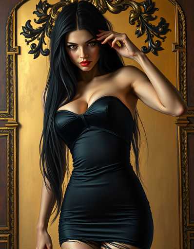 This image features a strikingly beautiful woman with long, flowing black hair that cascades down to her waist. She is dressed in a sleek, black dress that accentuates her figure, with one shoulder exposed, adding a touch of allure to her ensemble. Her pose is captivating, with one hand raised to her forehead, as if she is deep in thought or lost in a moment of contemplation. Her other hand rests gently by her side. The woman's eyes are a mesmerizing brown, and her lips are painted a bold red, drawing attention to her expressive face. The background is a rich, golden hue, adorned with intricate black and gold designs that frame her elegantly. The overall composition of the image exudes a sense of sophistication and grace, highlighting the woman's natural beauty and poise.