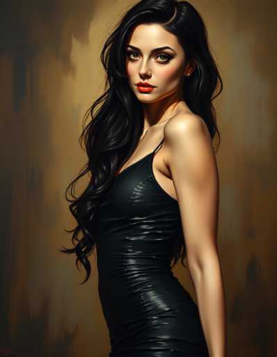This image features a strikingly beautiful woman with long, wavy black hair cascading down to her waist. She is dressed in a sleek, black leather dress that accentuates her slender figure, with one strap elegantly draped over her shoulder. Her makeup is bold and captivating, with bright red lipstick and dark, defined eyebrows that frame her expressive brown eyes. A single diamond stud earring adorns her ear, adding a touch of sparkle. The background is a rich tapestry of colors, blending shades of brown, orange, and black, with a subtle hint of blue in the upper left corner. The overall composition highlights her graceful pose and the intricate details of her attire and accessories.