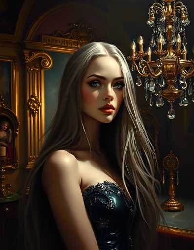 The image depicts a highly detailed, computer-generated portrait of a young woman with long, flowing blonde hair that cascades down to her waist. She has striking blue eyes, accentuated by thick black eyeliner and mascara, and her lips are painted a vivid red. Her complexion is fair, and she has a slight blush on her cheeks. She is dressed in a black, strapless dress that appears to be made of leather, adorned with intricate silver embellishments and a floral design at the top. The woman is positioned in the center of the image, facing slightly to the right, with her head turned towards the viewer.

The background features a richly decorated room with a dark red wall and an ornate gold archway. To the left, there is a gold-framed mirror and a painting of a woman in a red dress. On the right side, a gold chandelier with clear crystal droplets hangs from the ceiling, and below it, there is a small gold statue. The overall setting exudes an air of elegance and sophistication, with the woman's attire and the room's decor contributing to a luxurious atmosphere.