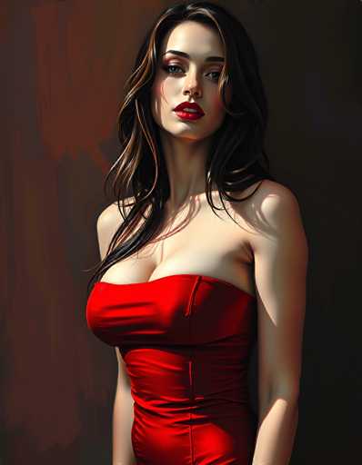 This image features a strikingly beautiful woman with long, dark brown hair that cascades past her shoulders. She is wearing a form-fitting, strapless red dress that accentuates her figure, particularly highlighting her large bust. Her makeup is bold and glamorous, with bright red lipstick that contrasts vividly against her fair skin. Her eyes are a captivating blue, framed by dark eyebrows, and she has a slight, enigmatic smile on her face. The background is a blend of dark brown and black, with a hint of red, creating a dramatic and somewhat mysterious atmosphere. The overall composition of the image, with its high contrast and rich colors, gives it a painting-like quality, making it appear almost like a digital artwork or a meticulously crafted photograph.