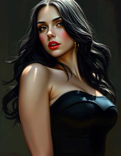 The image depicts a woman with long dark hair wearing a black dress and red lipstick. She is looking off to the side, giving the impression of being lost in thought or daydreaming. The background is dark and out of focus, drawing attention to the woman as the main subject of the artwork.