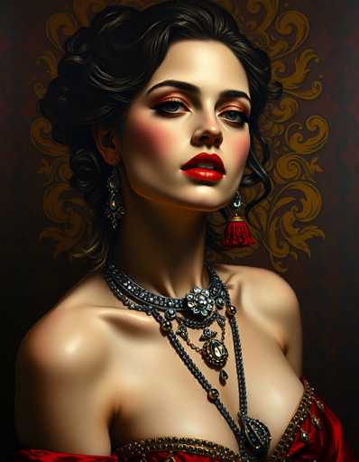 This image is a detailed digital artwork of a woman, likely created using AI. The woman is depicted from the top of her head down to her waist, with her legs out of the frame. She has a fair complexion and is adorned with a striking red lipstick. Her eyes are accentuated with a blend of pink and orange eyeshadow, and she has long eyelashes. Her eyebrows are black, and her hair is styled in a wavy, updo that is slightly curly at the ends. She is wearing an elaborate earring that features a diamond-shaped piece with a dangling red tassel. 

Her neck is adorned with a black, jeweled necklace that includes a prominent pendant. The pendant is a large, round piece with a flower design in the center, surrounded by smaller flowers. The necklace also features several other dangling elements, including a small black jewel and a black tassel. 

Her attire is equally ornate, with a red dress that has intricate gold and black beading. The dress is form-fitting, highlighting her shoulders and chest. The overall style of the woman is highly detailed and luxurious, with a focus on intricate jewelry and clothing.