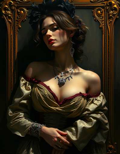 The image depicts a young woman, likely in her late teens or early twenties, with long brown hair styled in an elegant updo. She is adorned in a luxurious, old-fashioned ballgown that features a rich gold color with deep burgundy trim. The dress is off-the-shoulder, revealing her bare shoulders and chest, and it has a deep V-neckline. She accessorizes with a large, ornate silver necklace that has a prominent flower pendant, matching silver earrings, and multiple bracelets on her right wrist. Her makeup is striking, with bright red lipstick and blush on her cheeks. She stands against a dark green background, leaning slightly against an ornate, gold-framed mirror that adds to the vintage ambiance of the scene. The overall composition and her poised demeanor suggest she could be a model or a character in a period film.