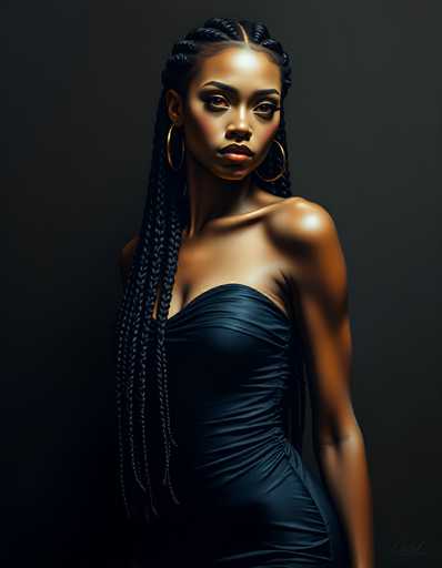 This image features a striking portrait of a young African-American woman, likely in her early 20s, set against a dark gray background. She has long, intricately braided hair that cascades down to her waist, with a middle part and a slight wave at the top. Her skin is a rich brown, and she wears bold red lipstick that accentuates her full lips. She has large, expressive brown eyes and is adorned with large gold hoop earrings. Her attire is a sleek, dark blue or black strapless dress that highlights her well-toned, muscular shoulders and arms. The dress is form-fitting, emphasizing her elegant figure. She gazes directly at the camera with a serious expression, her head slightly tilted to the right, exuding confidence and poise. The overall composition of the image is both striking and sophisticated, capturing the essence of her beauty and strength.