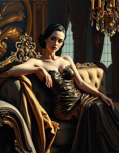The image depicts a highly detailed, computer-generated or AI-generated artwork of a woman seated on an ornate, gold-colored sofa. The woman, who has pale skin and dark, slicked-back hair, is wearing a strapless, gold dress with a bow at the front. She is positioned with her left arm resting on the armrest of the sofa, while her right arm is draped over the back of the sofa. Her head is slightly tilted to the left, and she gazes directly at the viewer with a serious expression. The background features a blue wall adorned with large windows framed by red curtains, and a chandelier hangs from the ceiling. The overall color palette of the image includes shades of gold, blue, red, and black, contributing to the luxurious and somewhat surreal atmosphere.