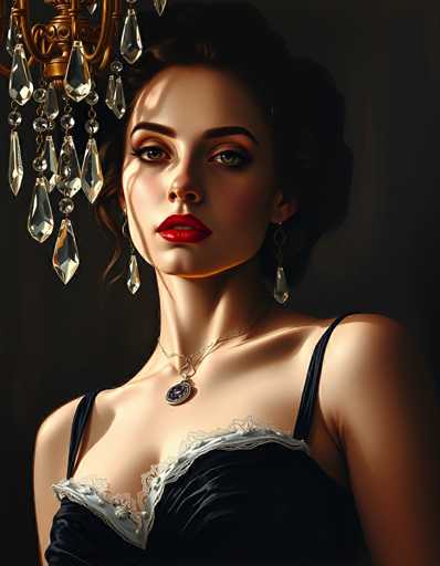 This image is a detailed, computer-generated portrait of a young woman, likely in her 20s, with a striking and realistic appearance. She has dark brown hair styled in an elegant updo, with a few loose strands framing her face. Her complexion is fair, and she has meticulously applied makeup, including dark brown eyebrows, smoky eye shadow, and bright red lipstick. Her eyes are a captivating greenish-brown.

She is adorned with teardrop-shaped, diamond-like earrings and a matching necklace featuring a circular pendant with a purple gemstone. The woman is dressed in a black, velvet-like dress with thin straps and a lace detail at the top, which reveals a hint of cleavage. The background is a solid black, enhancing the focus on her figure.

In the upper left corner of the image, a gold chandelier with teardrop-shaped crystals hangs, adding a touch of opulence to the scene. The overall composition and lighting suggest a professional studio setting, emphasizing the woman's beauty and the luxurious elements surrounding her.