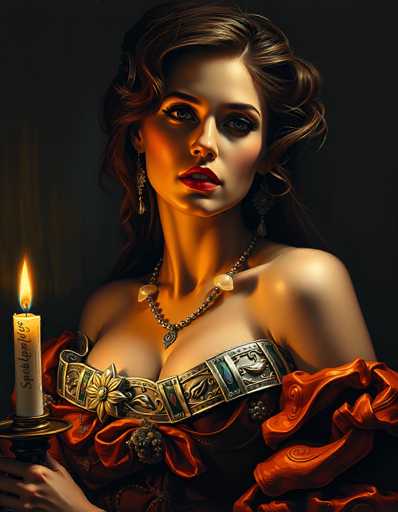 This image depicts a highly detailed, computer-generated portrait of a woman with a strikingly realistic appearance. She has long, wavy brown hair that cascades down her back, with a slight curl at the front. Her complexion is fair, and she wears vibrant red lipstick that accentuates her full lips. Her eyes are a captivating green, framed by long eyelashes, and her eyebrows are brown and well-defined. She has a small nose and a hint of blush on her cheeks.

The woman is adorned with a silver necklace featuring two large, white beads. She is dressed in a red, low-cut dress that reveals some cleavage, and the fabric appears to be made of a rich, silky material. The dress is accentuated with a gold and green band that wraps around her chest and extends over her shoulders. Her shoulders are bare, and the dress has a low neckline.

In her right hand, she holds a lit candle that casts a warm glow on her face and upper body. The candle is white with black writing on it, and it is held in a gold candlestick. The background of the image is a dark gray, which contrasts with the vivid colors of her attire and the candle's light, making her the focal point of the portrait.