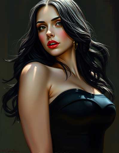 This image portrays a highly detailed, computer-generated or AI-generated painting of a young woman, likely in her early 20s, with long, wavy black hair that cascades past her shoulders. She has a fair complexion, accentuated by bright red lipstick and a subtle blush on her cheeks. Her striking green eyes are framed by long eyelashes, and she wears a gold hoop earring in her left ear. The woman is dressed in a sleek, black strapless dress that reveals her bare shoulder and upper chest, and she is posed with her body facing the right side of the image while her head is turned towards the viewer. The background is a dark, grayish-green hue, and the overall composition is vertical, with the woman's figure occupying most of the frame. In the bottom left corner, there is a small, red signature that appears to read "I. Callalassam."