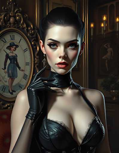 The image depicts a highly detailed, computer-generated or AI-generated artwork of a young woman, likely in her 20s, with a striking and somewhat eerie appearance. She has pale skin, dark brown hair styled in a bun, and blue eyes accentuated by heavy makeup, including red lipstick and blush. Her attire consists of a black leather corset with lacy trim and a black leather choker around her neck. She wears black gloves that extend up to her elbows, and her right hand is raised near her face, with her index finger resting on her chin. 

The background features a richly decorated room with a dark brown wall. On the left side, there is an ornate, gold-framed clock with Roman numerals, showing an image of a woman in a blue dress and hat, holding a sword. To the right, there is a shelf with a gold vase containing flowers and a painting of a woman in a white dress, her hand raised. The overall composition and intricate details suggest a gothic or Victorian aesthetic, enhancing the mysterious and captivating nature of the scene.
