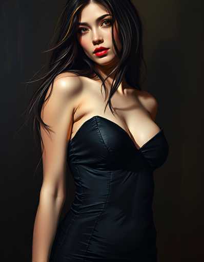 This image is a detailed, computer-generated artwork of a young woman, likely in her late teens or early twenties. She has long, dark brown hair with subtle highlights, including a few strands of blonde. Her hair is styled with some strands falling over her shoulders and others tucked behind her back. She has striking brown eyes, accentuated by black eyeliner, and her lips are painted a vivid red. Her complexion is fair, and she has a slight blush on her cheeks. She is wearing a black, sleeveless dress that appears to be made of leather, with a design that includes a strap over her shoulder. The dress is form-fitting and reveals her shoulders and part of her chest. The background is a solid, dark gray, which contrasts with her figure, making her stand out prominently in the image.