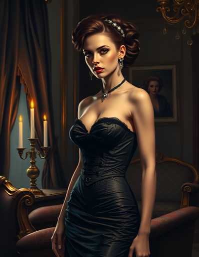 The image depicts a computer-generated, cartoon-like scene of a woman standing in a dimly lit room. The woman, who has fair skin and brown hair styled in a bun, is wearing a black corset dress with a bustier top and a black choker necklace adorned with a silver pendant. She accessorizes with dangling earrings and a headband. Her expression is serious, with red lips and brown eyes, as she gazes directly at the viewer. The room features a chandelier in the upper right corner, a window with brown curtains on the left, and a table with a candelabra holding three lit candles. In the background, there is a painting of a woman in a black dress, and a brown chair with a red cushion is visible. The overall ambiance of the image is dark and somewhat mysterious.