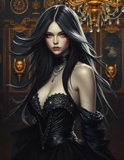 The image portrays a striking young woman with long, flowing black hair that cascades down to her waist, partially covering her left shoulder. She has a pale complexion, accentuated by her bold red lipstick and the blush on her cheeks. Her piercing blue eyes gaze directly at the viewer, creating an intense and captivating look. She is adorned in a black dress with intricate silver embellishments, including a silver flower on the chest and a chain that drapes down the front. The dress features a deep neckline, revealing some cleavage, and is complemented by long black gloves that extend past her elbows. Around her neck, she wears a black leather choker with a silver necklace that has a prominent blue gem at its center. The background is a dimly lit room with dark gray walls, adorned with gold-framed paintings and ornate gold decorations, adding to the overall gothic and mysterious atmosphere of the scene.