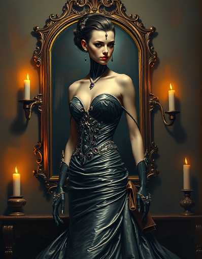 The image depicts a highly detailed, computer-generated or AI-generated artwork of a woman standing in front of a large, ornate mirror. The woman, who has fair skin and dark brown hair styled in an elaborate updo, is adorned with a jewel hanging from her forehead and another on her nose. She wears long, dangling earrings and a striking dress that appears to be made of leather or plastic, featuring a bustier top and a corseted bodice with intricate embellishments. The dress flares out into a full skirt, and she completes her outfit with long black gloves and a brown clutch purse. Her makeup is bold, with bright red lipstick and blush on her cheeks. The mirror behind her is framed in gold and flanked by sconces holding lit white candles, casting a warm glow on the scene. The background wall is a dark gray, adding to the dramatic and elegant atmosphere of the image.