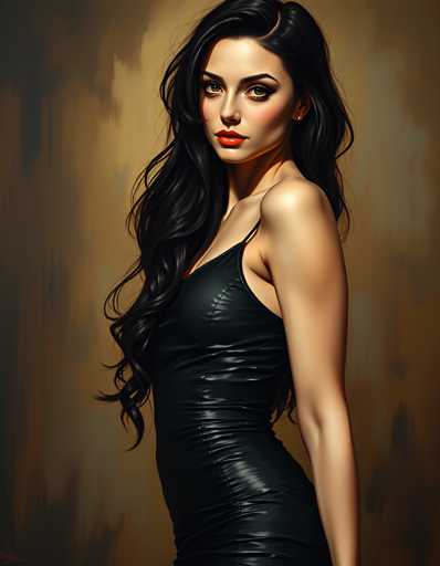 A woman with long dark hair is standing against a brown background and wearing a black dress.