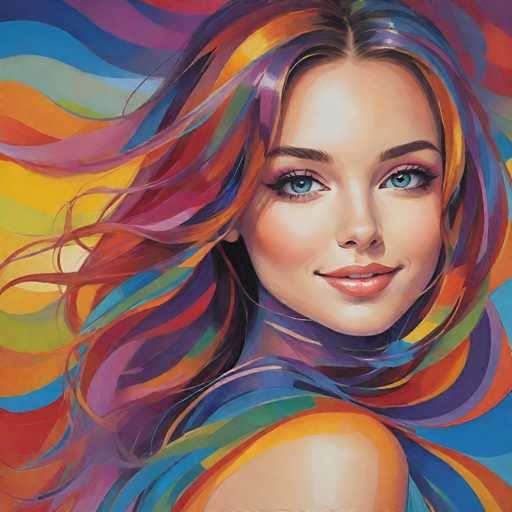This vibrant painting features a young woman with long, flowing hair that cascades down her back, adorned with an array of colors including red, orange, yellow, green, blue, purple, pink, and brown. Her hair appears to be gently blowing in the wind, adding a dynamic sense of movement to the piece. The woman has striking blue eyes and is wearing pink lipstick, with her head slightly turned to the right, gazing directly at the viewer. She is dressed in a blue shirt, and the background is a swirling mix of colors that complements her hair, creating a harmonious and lively atmosphere. The overall composition is both colorful and captivating, with the woman's serene expression and the flowing movement of her hair drawing the viewer's attention.