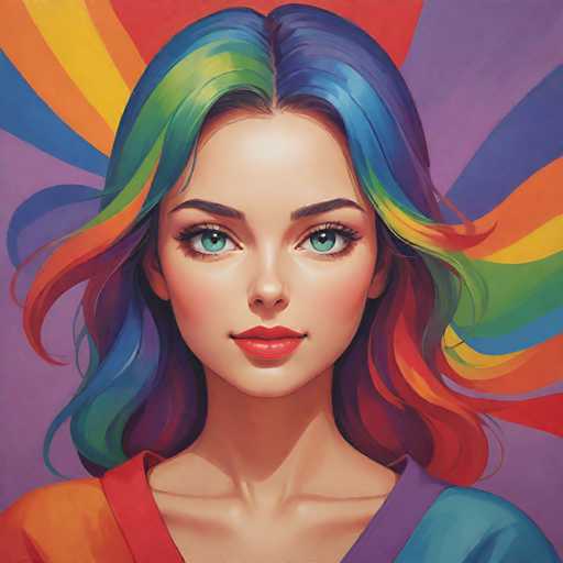 This vibrant, computer-generated image features a young woman with a striking appearance. She has long, wavy hair that cascades past her shoulders, adorned with a spectrum of colors including blue, green, yellow, orange, and purple. Her hair is parted in the middle, with the left side predominantly blue and green, and the right side mainly blue. Her expressive green eyes are framed by long eyelashes, and her eyebrows are a dark brown. She has a fair complexion, accentuated by a light pink blush on her cheeks and bright red lips. She is dressed in a multicolored top with a V-neck, featuring shades of orange, red, purple, and blue. The background is a dynamic blend of purple and blue hues, with rainbow-colored streaks emanating from behind her head, adding to the overall vibrant and lively atmosphere of the image.