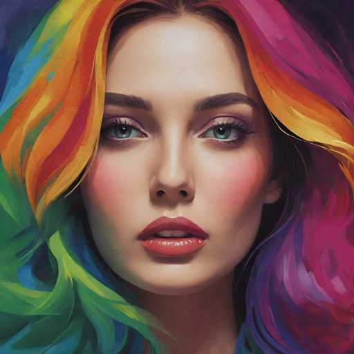 The image depicts a woman with long, vibrant hair that is painted in the colors of a rainbow - red, orange, yellow, green, blue, and purple. The woman's face is prominently featured, and she has striking green eyes and lips. The background is a solid color, providing a stark contrast to the colorful foreground.